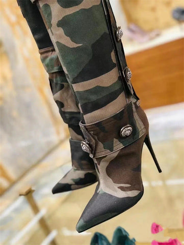 Camouflage Thin High Heel Knee High Boots