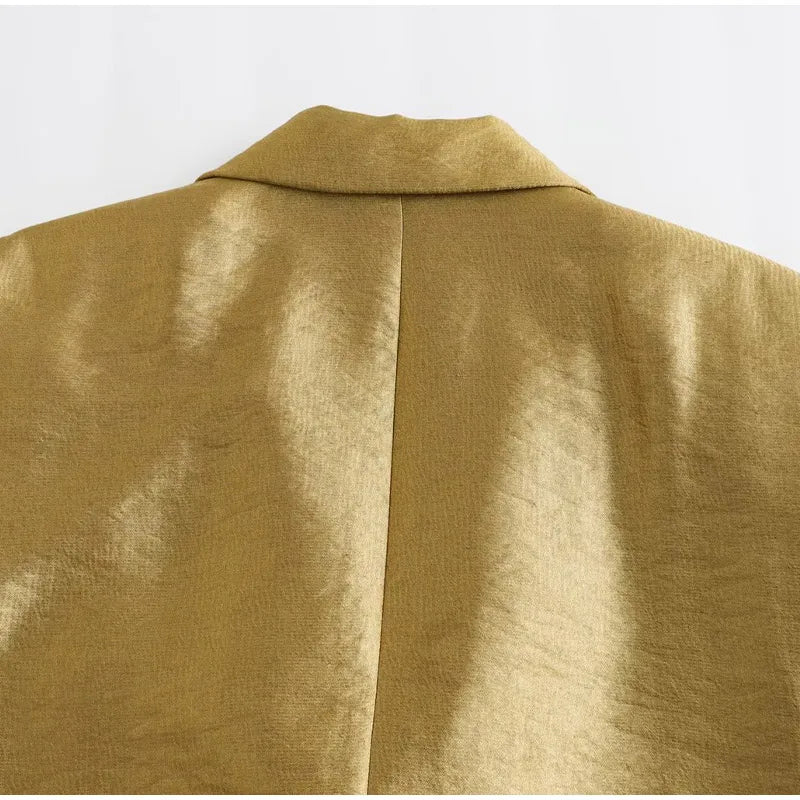 Gold V-Neck Blazer: Stylish Autumn Jacket's 2024 Fashion