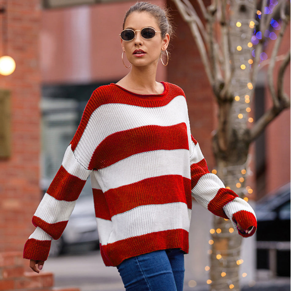 Loose Style Bold Striped O-Neck Sweaters