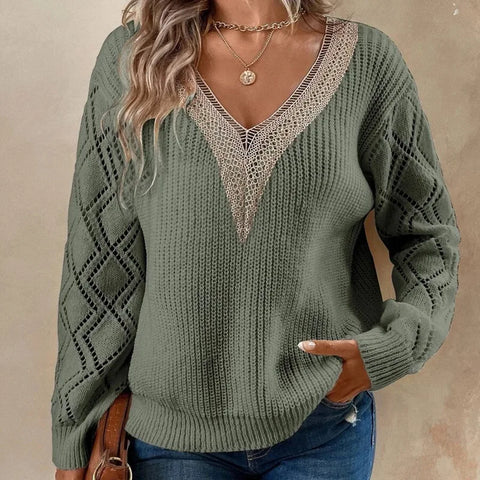 Lace V-Neck Knitted Long Sleeve Sweaters