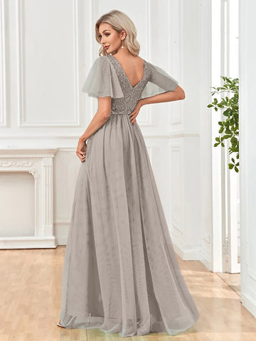 A Line V Neck Long Formal Dress with Sequins - Grey