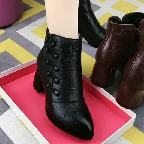 Short PU Leather Mid Heel Black Ankle Boots