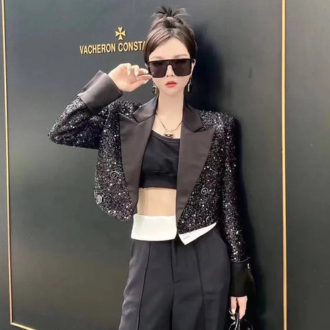 Elegant Sequined Shiny Black Blazer Jacket