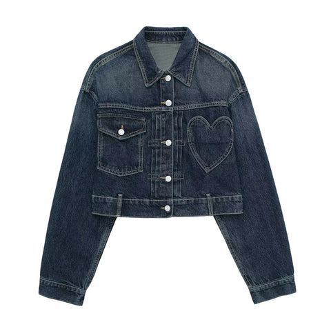 Heart Shape Pocket Retro Style Blue Denim Jacket Pant Set