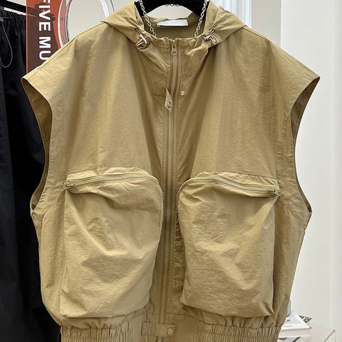 Traveler Style Sleeveless Hooded Loose Jacket