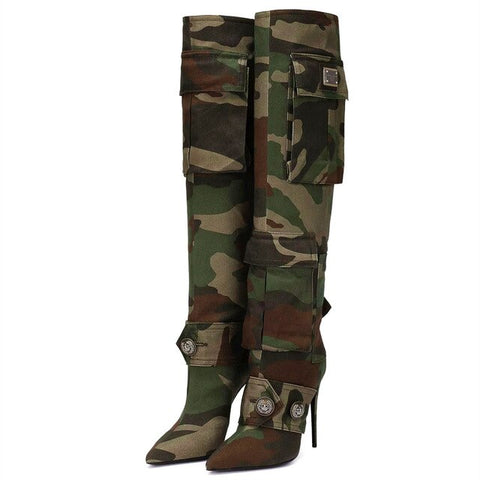 Camouflage Thin High Heel Knee High Boots