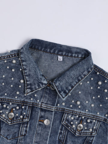 Pearl Beading Design Short Vintage Jean Denim Coats