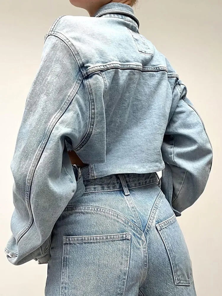 Open Shoulder Irregular Style Crop Denim Coat