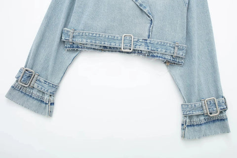 Long Sleeve Crop Top Belted Design Spring Denim Jackets