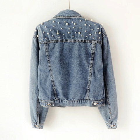 Pearl Beading Design Short Vintage Jean Denim Coats