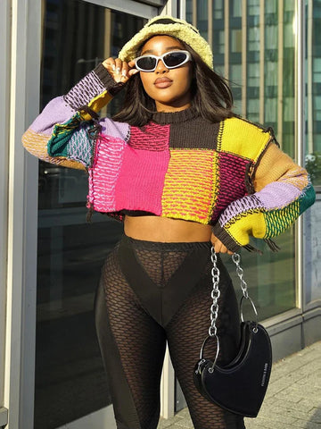 Multi-Color Cropped O-Neck Sweater: Streetwear Casual Style for Autumn/Winter