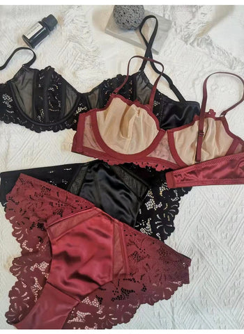 Französische ultradünne Spitzenunterwäsche-Sets Push-Up-Büstenhalter Transparenter BH Dessous Weibliches Bügel-Höschen-Set