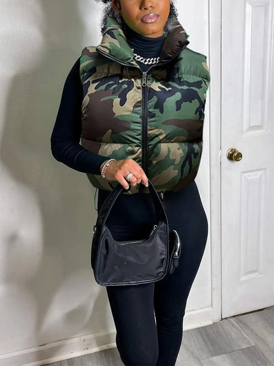 Camouflage Print Puffer Vest: Cute Sleeveless Bubble Coats