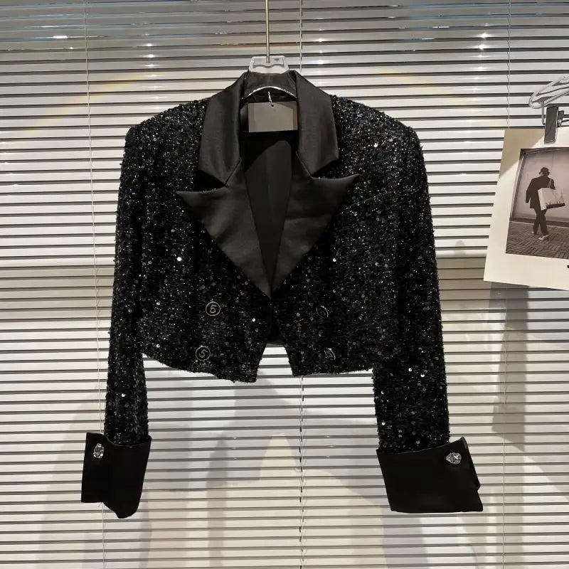 Elegant Sequined Shiny Black Blazer Jacket