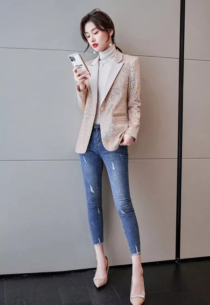 Sequined Shiny Long Sleeve Casual Office Style Blazer Coat