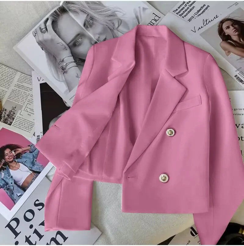 Pink Double Breasted Crop Blazer Jackets