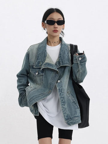 Turtleneck Single-Breasted Elegant Denim Coat