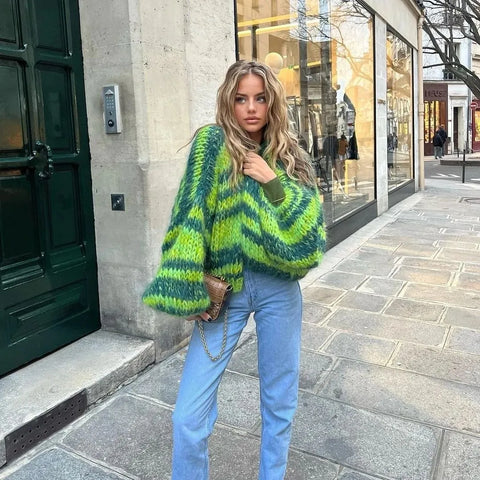 All Green Striped Cool Winter Cardigan Sweaters