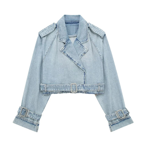 Long Sleeve Crop Top Belted Design Spring Denim Jackets