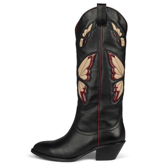 Butterfly Embroidered Pointed Toe Stacked Heel Mid Calf Boots