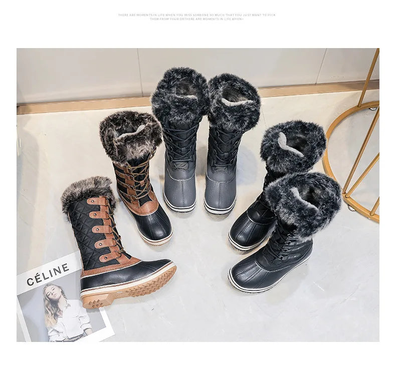 Winter High Lace-Up Snow Boots: Warm, Fur-Lined Mid-Calf Shoes