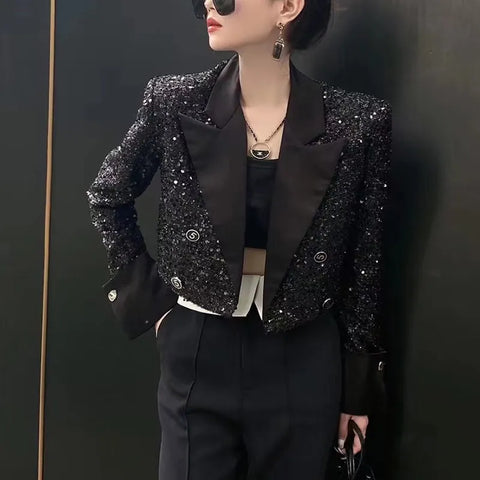 Elegant Sequined Shiny Black Blazer Jacket