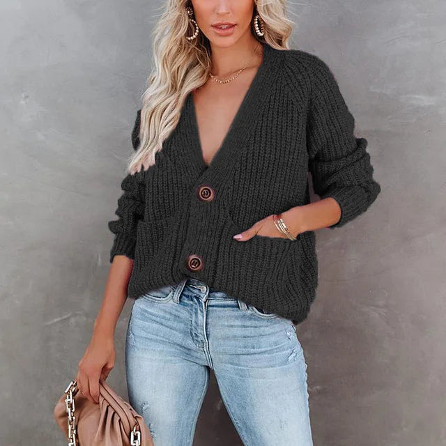 Big Classic Button Deep V-Neck Cardigan