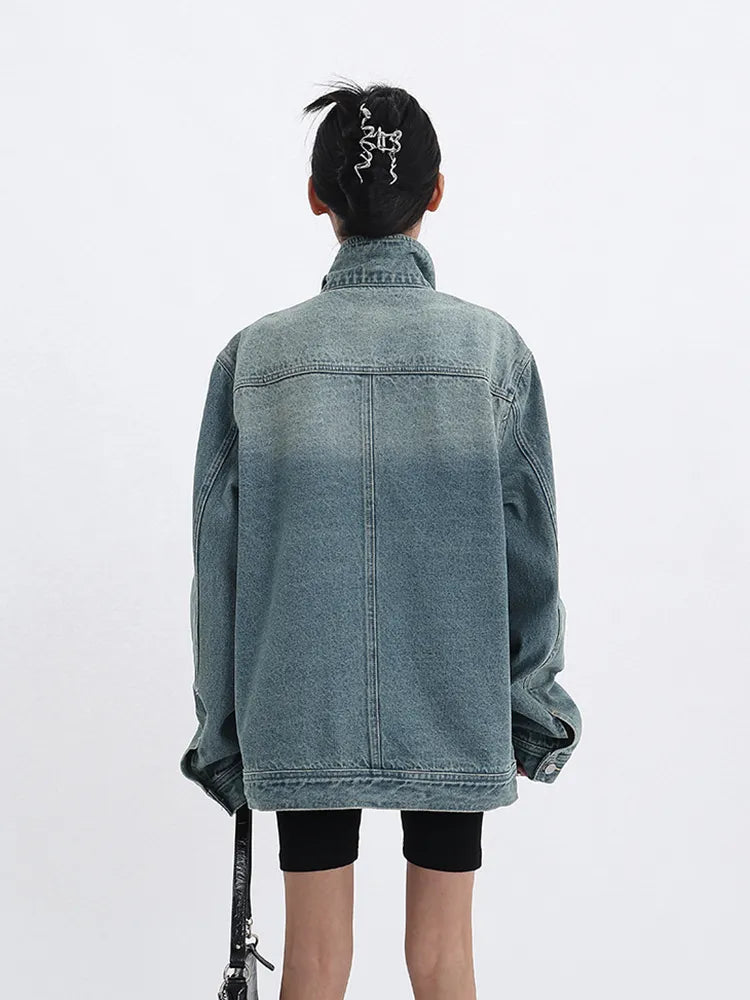 Turtleneck Single-Breasted Elegant Denim Coat