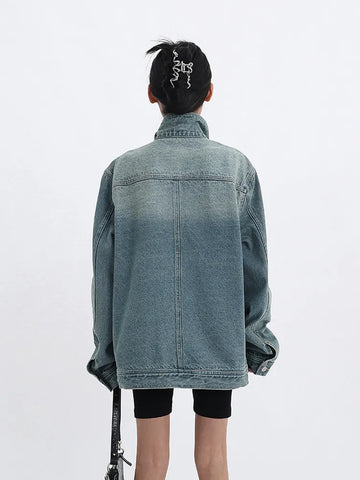 Turtleneck Single-Breasted Elegant Denim Coat