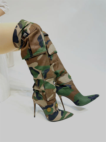 Camouflage Thin High Heel Knee High Boots