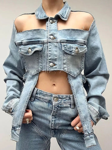 Open Shoulder Irregular Style Crop Denim Coat