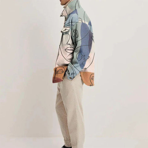 Vintage Buttoned Woolen Coats for Men: Autumn Streetwear with Print