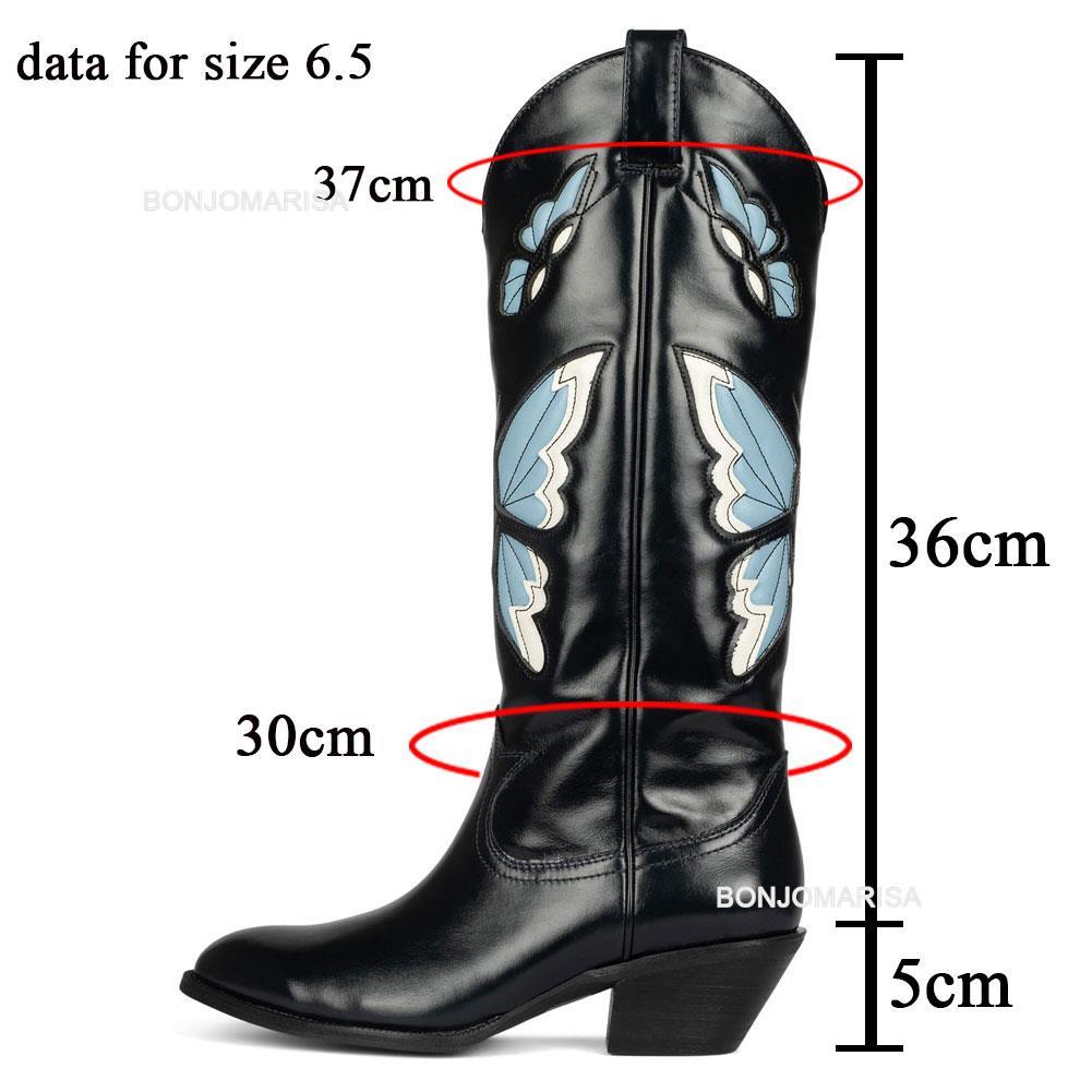 Butterfly Embroidered Pointed Toe Stacked Heel Mid Calf Boots