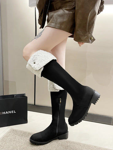 2024 Modern Knee-High Suede Boots: Square Heel, Winter Shoes