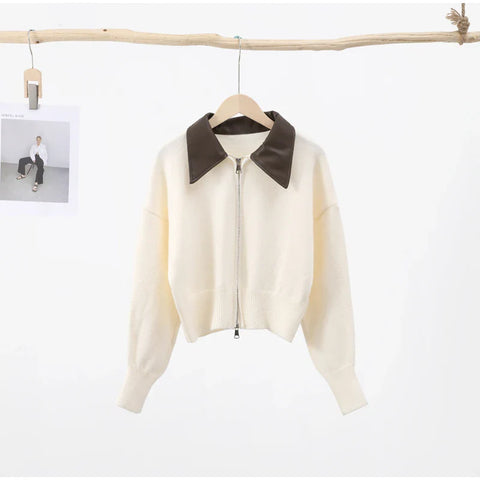 Chic Knitted Cardigan: PU Collar, Loose Sweater for 2024 Autumn