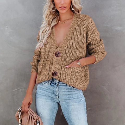 Big Classic Button Deep V-Neck Cardigan