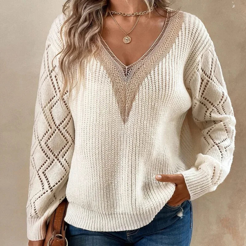 Lace V-Neck Knitted Long Sleeve Sweaters