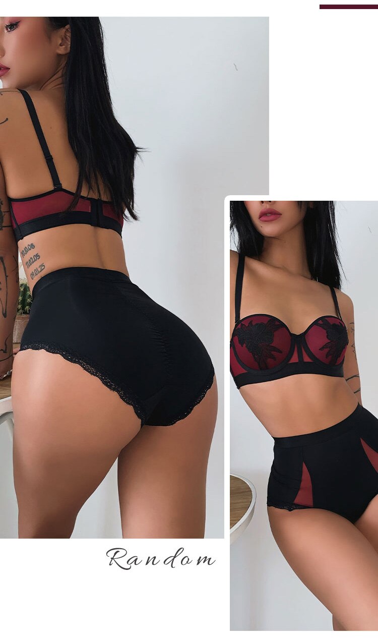 French High Quality Lingerie Underwear Push Up Lace Embroidery Brassiere Gather Bra Hight Waist Panty Sets