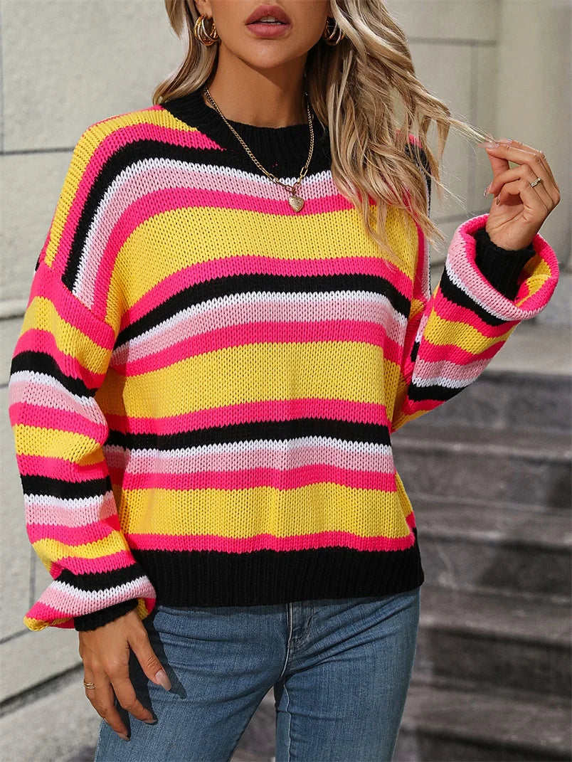 2024 Autumn/Winter Striped O-Neck Sweater: O-Neck, Long Sleeves, Oversized Fit