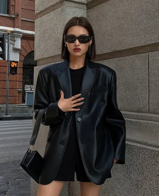 Black Brown Soft PU Leather Blazer Jackets