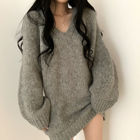 V-Neck Grey Knitted Loose Sweaters