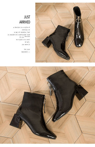 Square Heel Patent Leather Brillant Ankle Boots