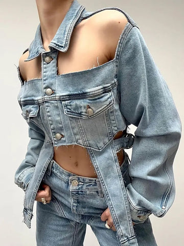 Open Shoulder Irregular Style Crop Denim Coat