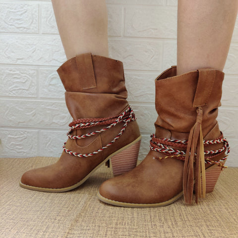 Retro Ethnic Western Cowboy Style Round Toe Block Heel Tassel Boots