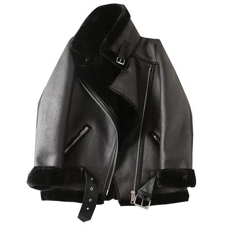 2024 Extra Thick Lamb Leather Rider Jacket with Faux Fur