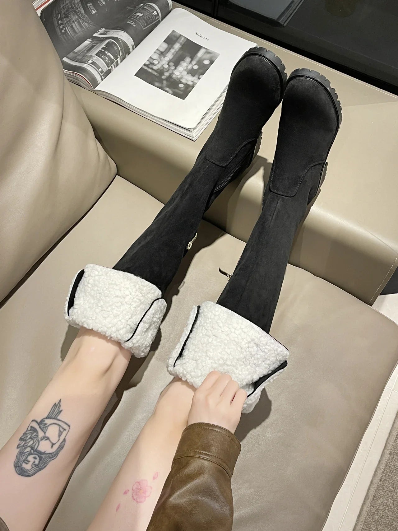 2024 Modern Knee-High Suede Boots: Square Heel, Winter Shoes