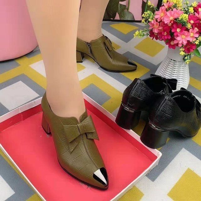 Short PU Leather Mid Heel Black Ankle Boots