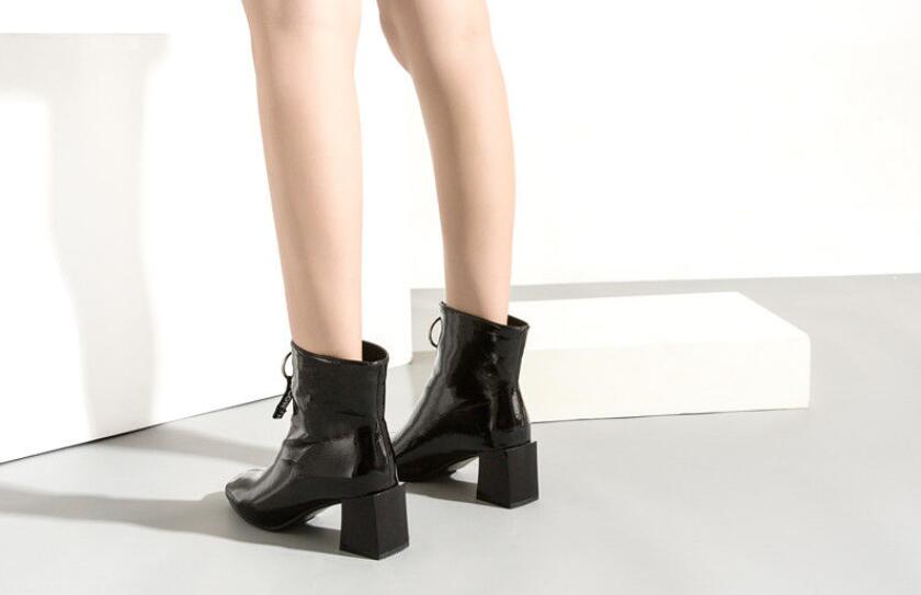 Square Heel Patent Leather Brillant Ankle Boots