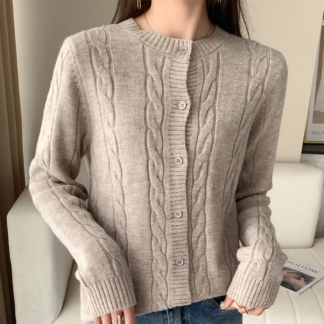 Round Neck Long Sleeve Wool Cardigan