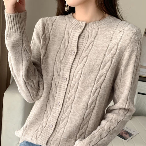 Round Neck Long Sleeve Wool Cardigan